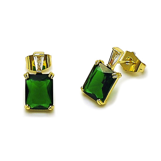 Oro Laminado Stud Earring, Gold Filled Style Baguette Design, with Green and White Cubic Zirconia, Polished, Golden Finish