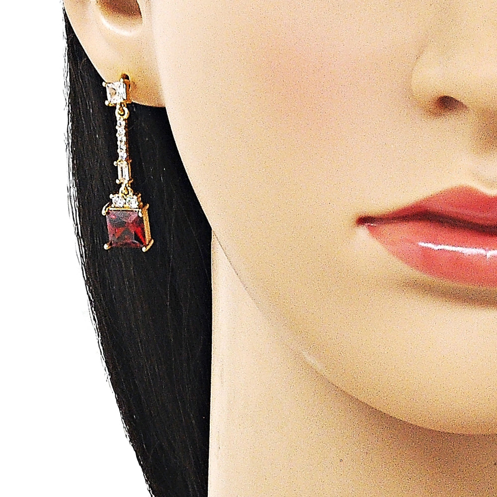 Oro Laminado Long Earring, Gold Filled Style Baguette Design, with Garnet and White Cubic Zirconia, Polished, Golden Finish