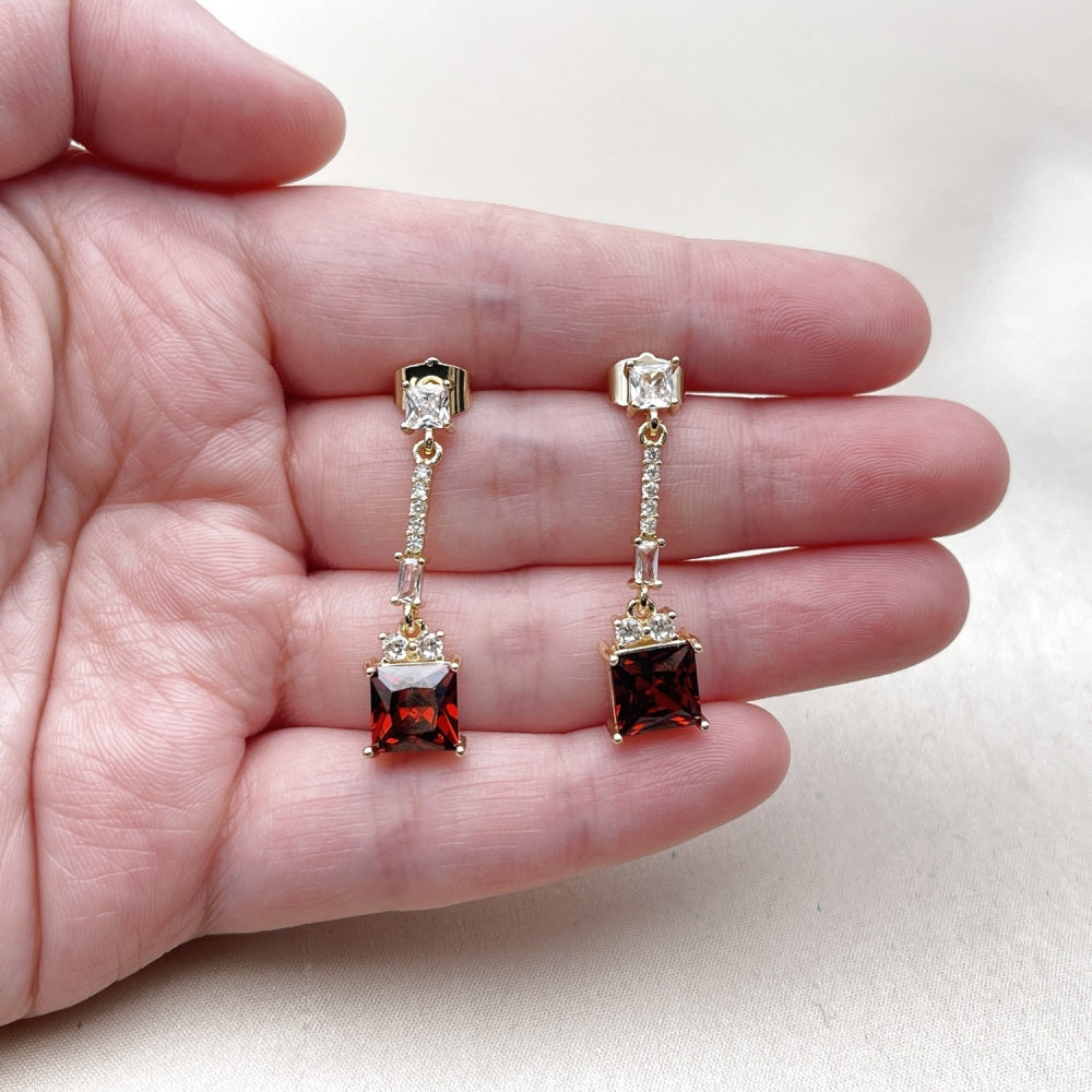 Oro Laminado Long Earring, Gold Filled Style Baguette Design, with Garnet and White Cubic Zirconia, Polished, Golden Finish