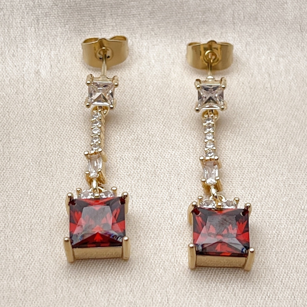 Oro Laminado Long Earring, Gold Filled Style Baguette Design, with Garnet and White Cubic Zirconia, Polished, Golden Finish