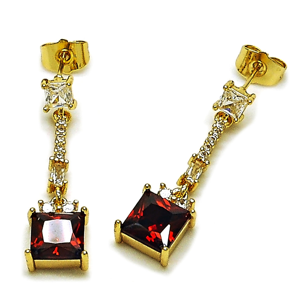 Oro Laminado Long Earring, Gold Filled Style Baguette Design, with Garnet and White Cubic Zirconia, Polished, Golden Finish
