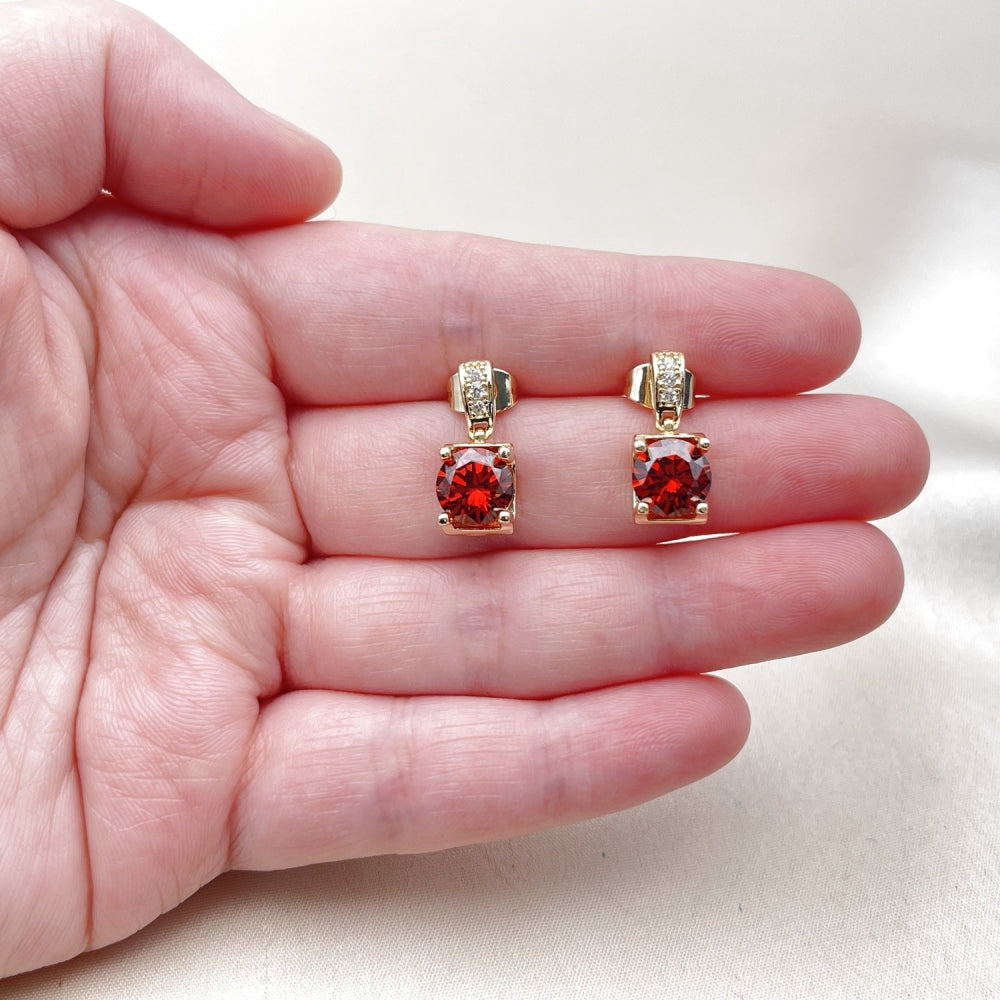 Oro Laminado Stud Earring, Gold Filled Style with Garnet Cubic Zirconia and White Micro Pave, Polished, Golden Finish