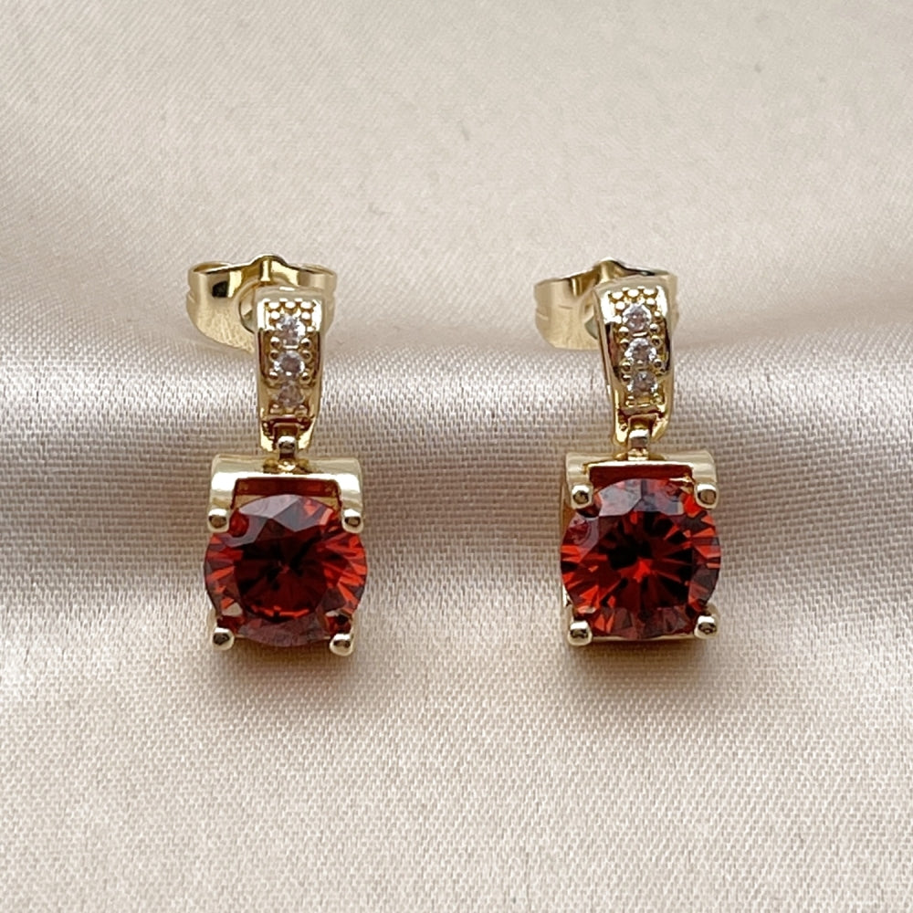 Oro Laminado Stud Earring, Gold Filled Style with Garnet Cubic Zirconia and White Micro Pave, Polished, Golden Finish
