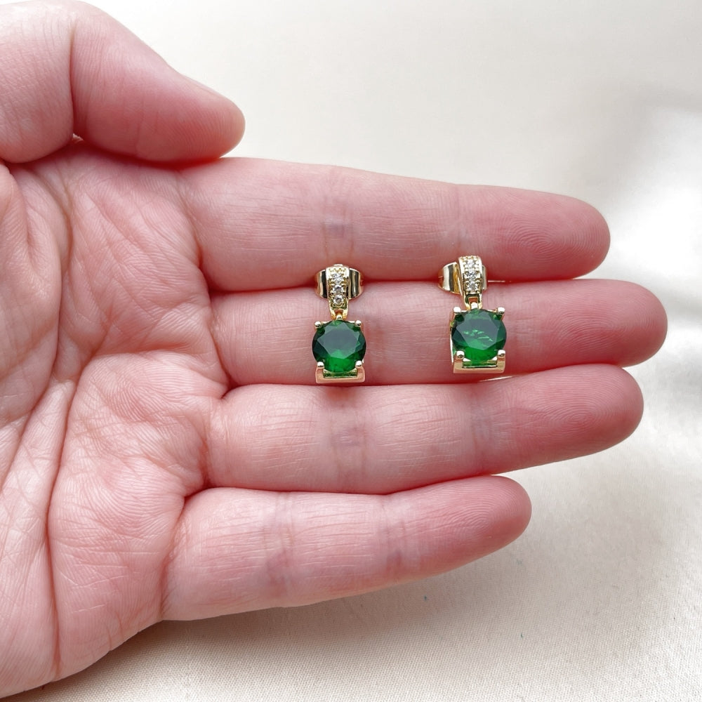 Oro Laminado Stud Earring, Gold Filled Style with Green and White Cubic Zirconia, Polished, Golden Finish