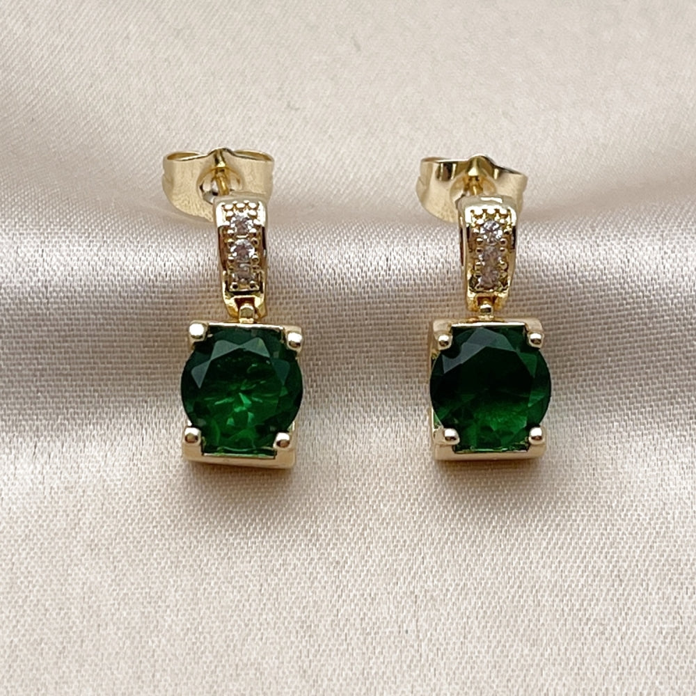 Oro Laminado Stud Earring, Gold Filled Style with Green and White Cubic Zirconia, Polished, Golden Finish