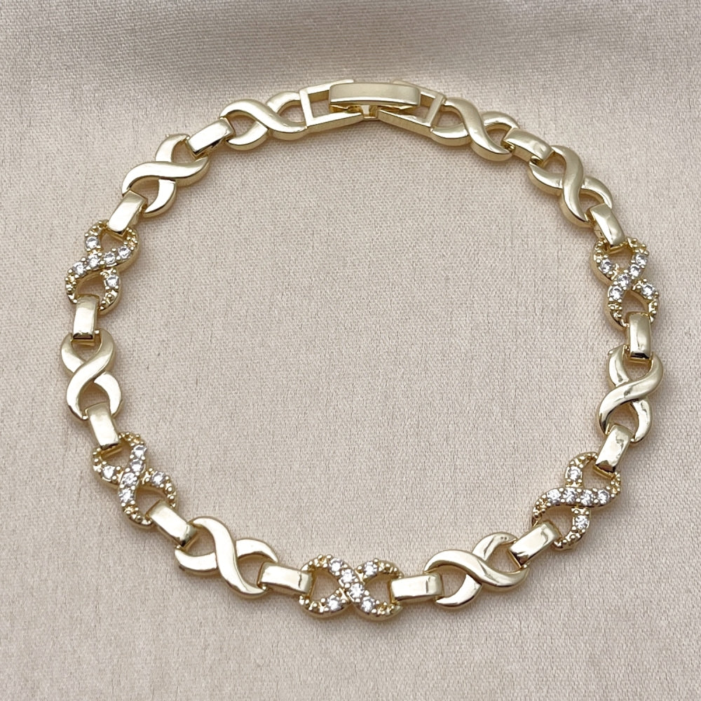 Oro Laminado Fancy Bracelet, Gold Filled Style Infinite Design, with White Cubic Zirconia, Polished, Golden Finish