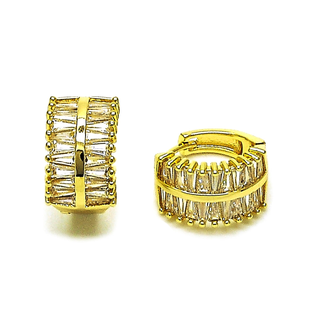 Oro Laminado Huggie Hoop, Gold Filled Style Baguette Design, with White Cubic Zirconia, Polished, Golden Finish