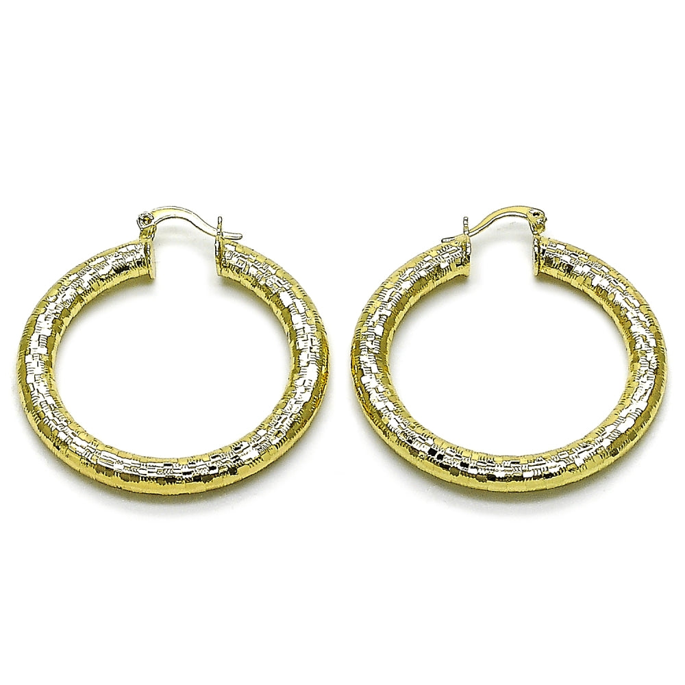 Oro Laminado Large Hoop, Gold Filled Style Hollow Design, Diamond Cutting Finish, Golden Finish