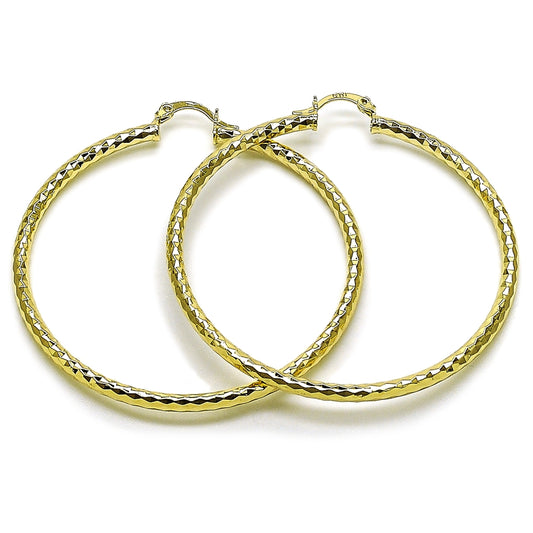 Oro Laminado Large Hoop, Gold Filled Style Hollow Design, Diamond Cutting Finish, Golden Finish