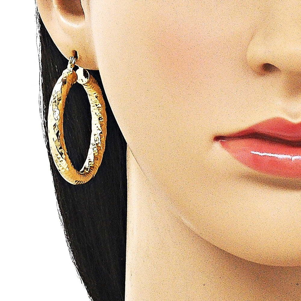 Oro Laminado Medium Hoop, Gold Filled Style Hollow Design, Diamond Cutting Finish, Golden Finish