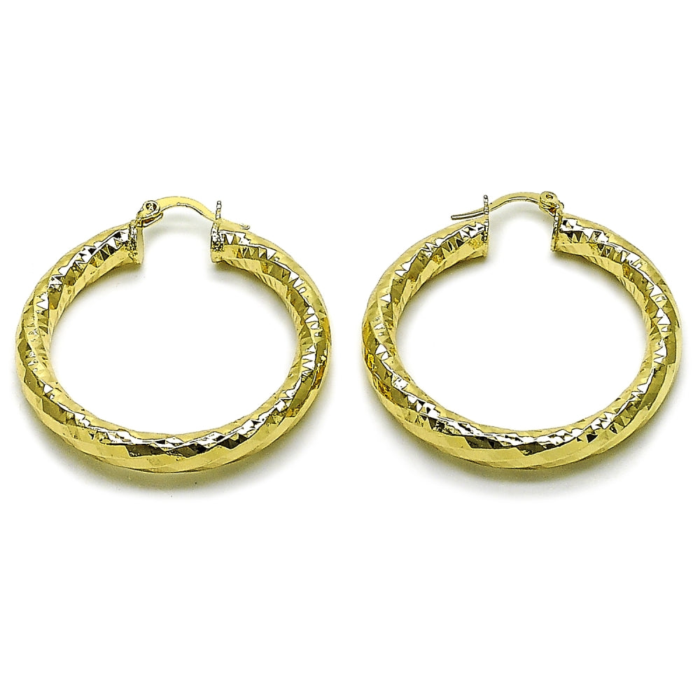 Oro Laminado Medium Hoop, Gold Filled Style Hollow Design, Diamond Cutting Finish, Golden Finish