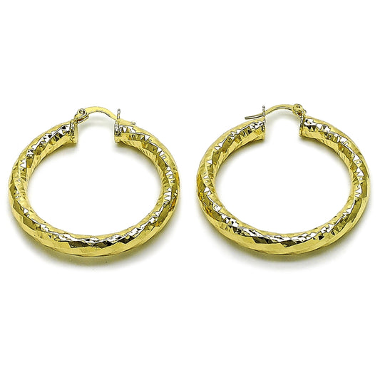 Oro Laminado Medium Hoop, Gold Filled Style Hollow Design, Diamond Cutting Finish, Golden Finish
