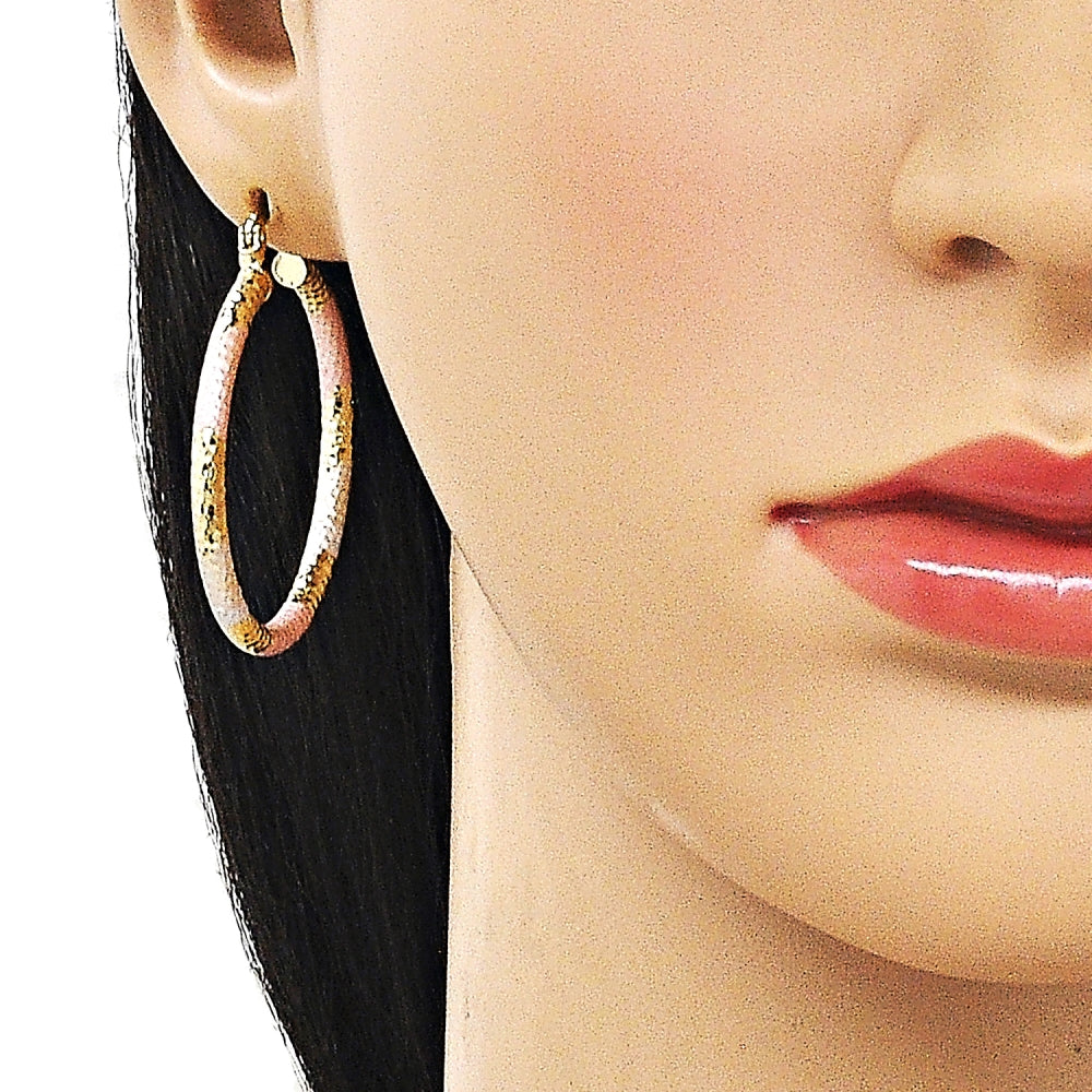 Oro Laminado Medium Hoop, Gold Filled Style Hollow Design, Diamond Cutting Finish, Tricolor
