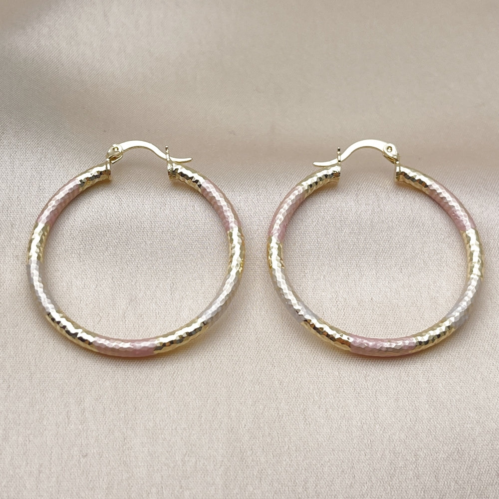 Oro Laminado Medium Hoop, Gold Filled Style Hollow Design, Diamond Cutting Finish, Tricolor