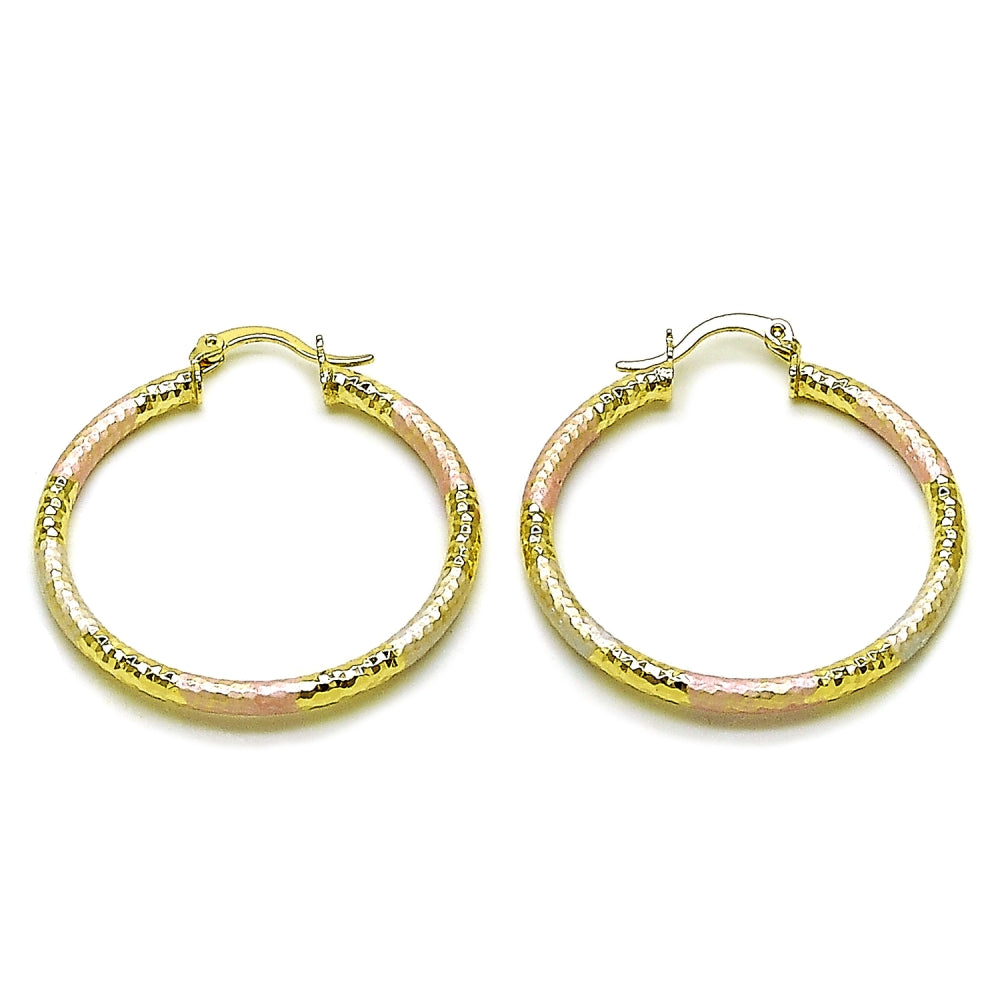 Oro Laminado Medium Hoop, Gold Filled Style Hollow Design, Diamond Cutting Finish, Tricolor