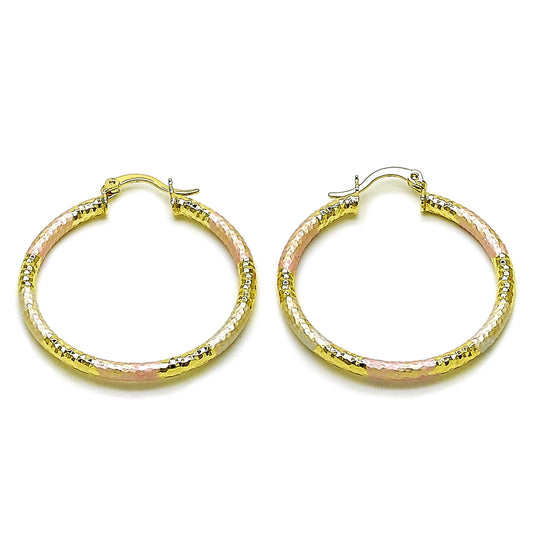 Oro Laminado Medium Hoop, Gold Filled Style Hollow Design, Diamond Cutting Finish, Tricolor