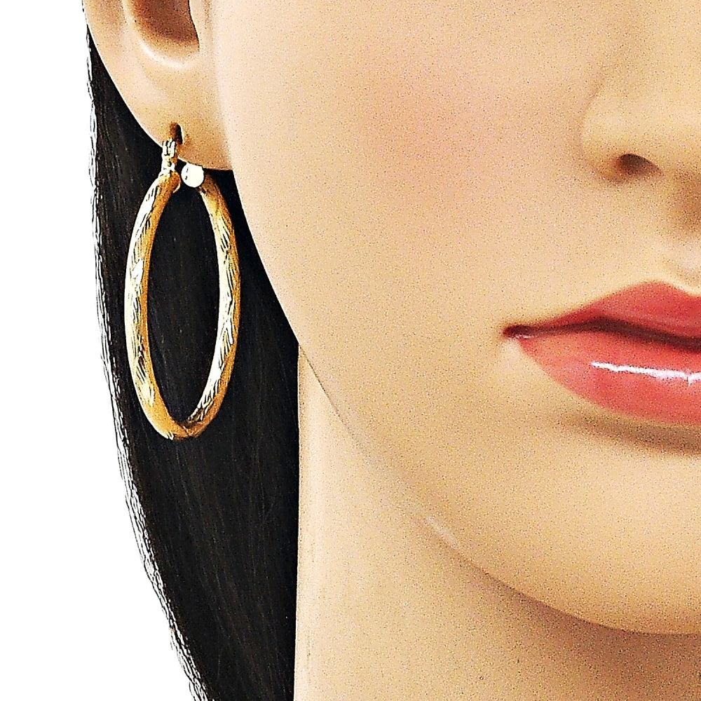 Oro Laminado Medium Hoop, Gold Filled Style Hollow Design, Diamond Cutting Finish, Golden Finish