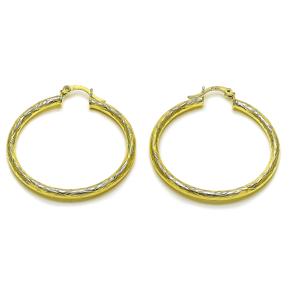 Oro Laminado Medium Hoop, Gold Filled Style Hollow Design, Diamond Cutting Finish, Golden Finish