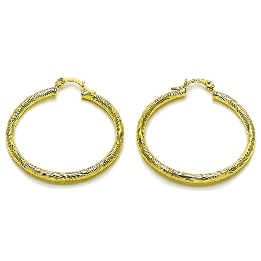 Oro Laminado Medium Hoop, Gold Filled Style Hollow Design, Diamond Cutting Finish, Golden Finish