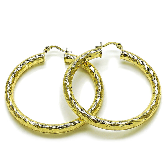 Oro Laminado Large Hoop, Gold Filled Style Hollow Design, Diamond Cutting Finish, Golden Finish