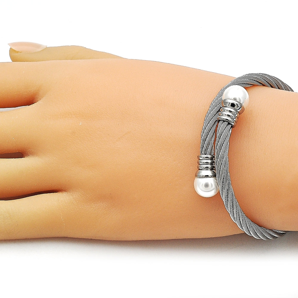 Stainless Steel Individual Bangle, Twist and Ball Design, with Ivory Pearl, Polished, Steel Finish