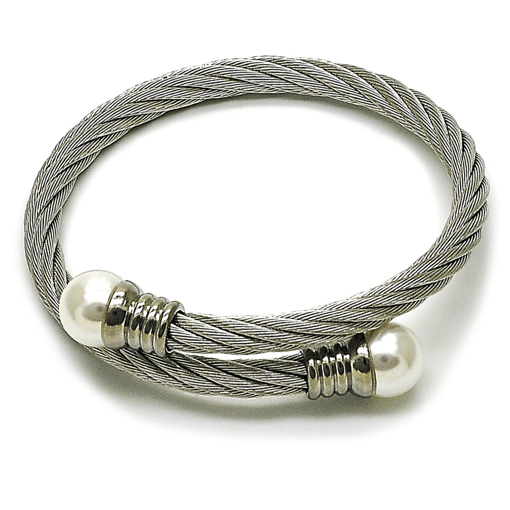 Stainless Steel Individual Bangle, Twist and Ball Design, with Ivory Pearl, Polished, Steel Finish
