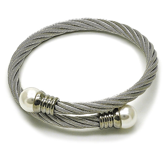 Stainless Steel Individual Bangle, Twist and Ball Design, with Ivory Pearl, Polished, Steel Finish