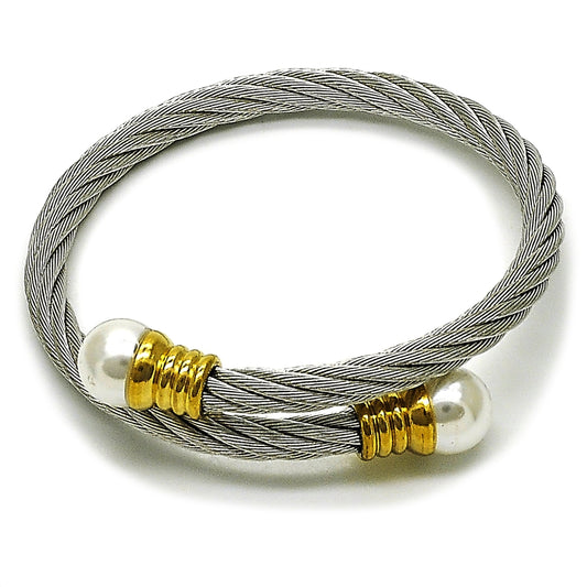 Stainless Steel Individual Bangle, Twist and Ball Design, with Ivory Pearl, Polished, Two Tone