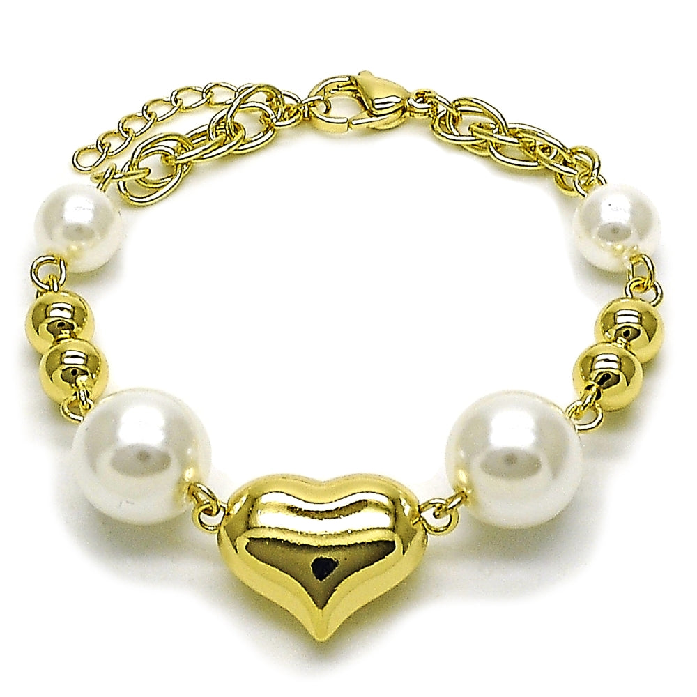 Oro Laminado Fancy Bracelet, Gold Filled Style Heart and Ball Design, with Ivory Pearl, Polished, Golden Finish