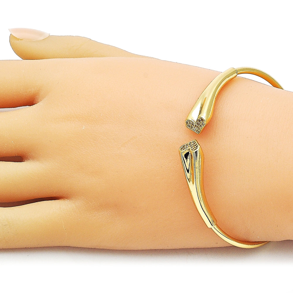Oro Laminado Individual Bangle, Gold Filled Style Heart Design, with White Micro Pave, Polished, Golden Finish