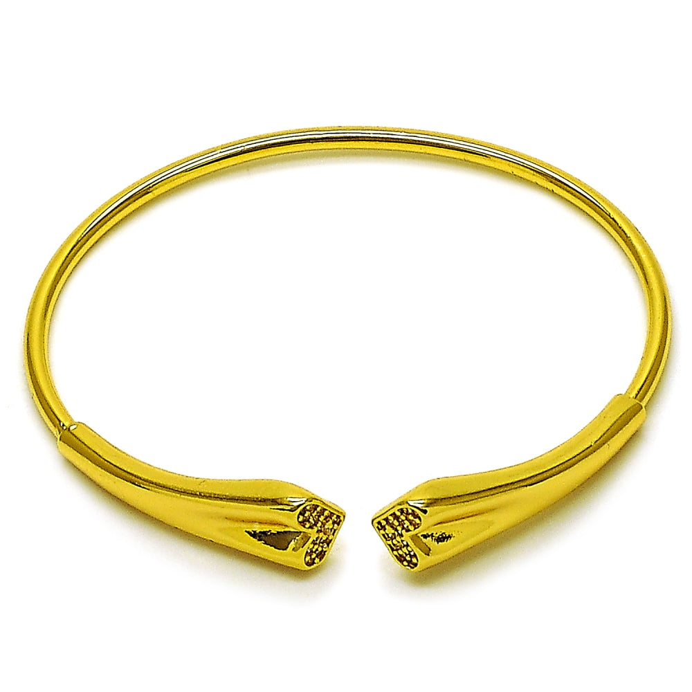 Oro Laminado Individual Bangle, Gold Filled Style Heart Design, with White Micro Pave, Polished, Golden Finish