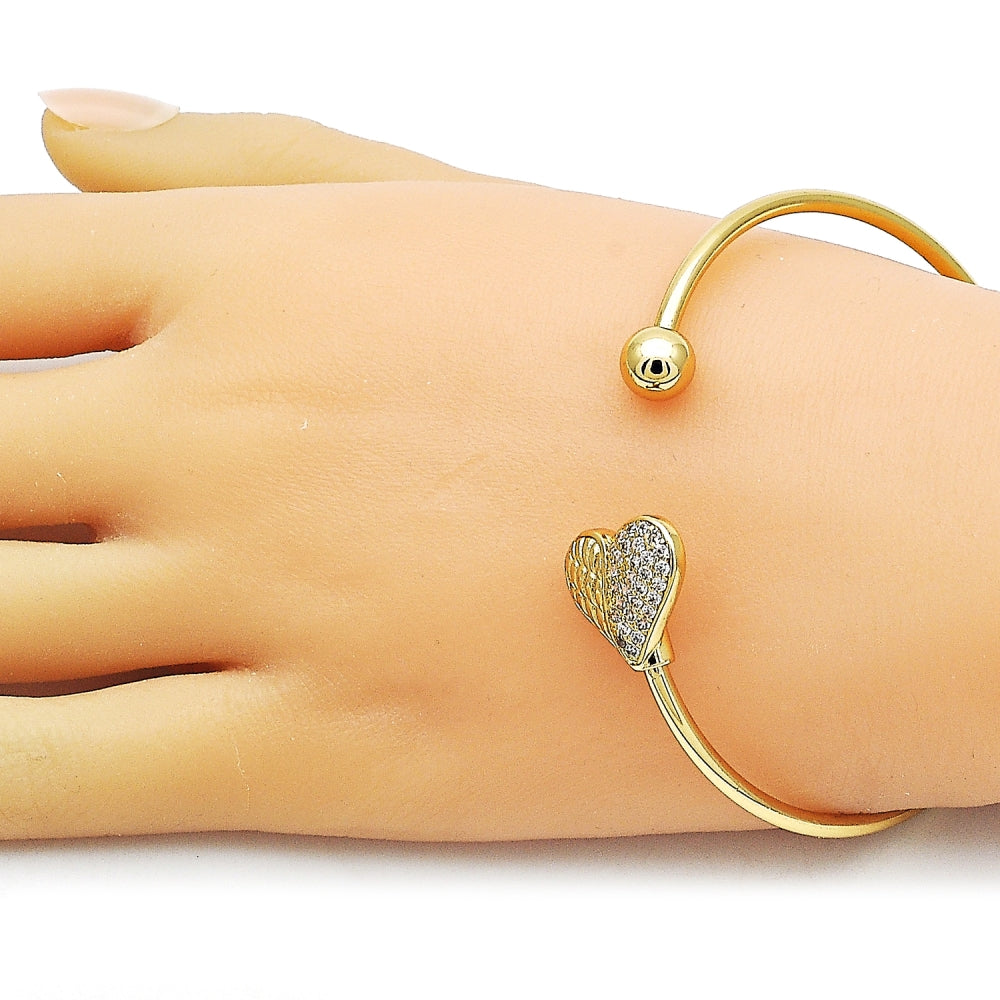 Oro Laminado Individual Bangle, Gold Filled Style Heart and Ball Design, with White Cubic Zirconia, Polished, Golden Finish