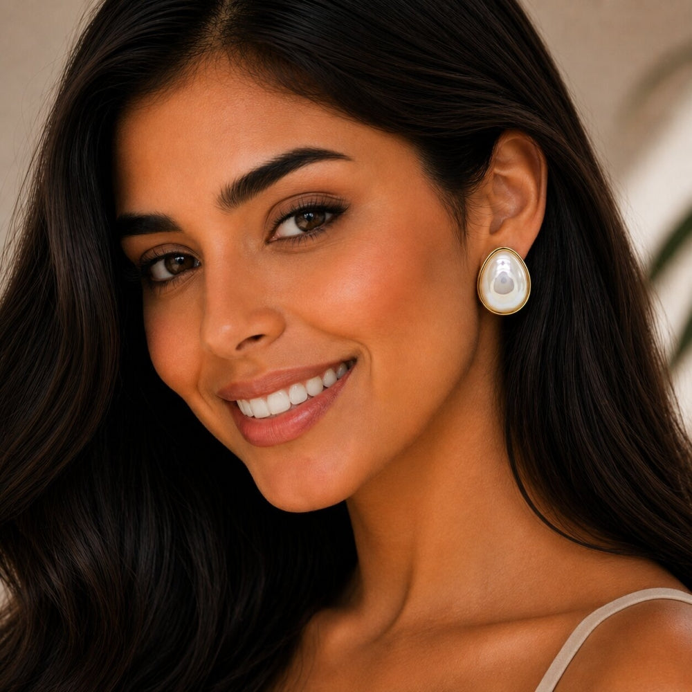 Oro Laminado Stud Earring, Gold Filled Style Teardrop Design, with Ivory Mother of Pearl, Polished, Golden Finish