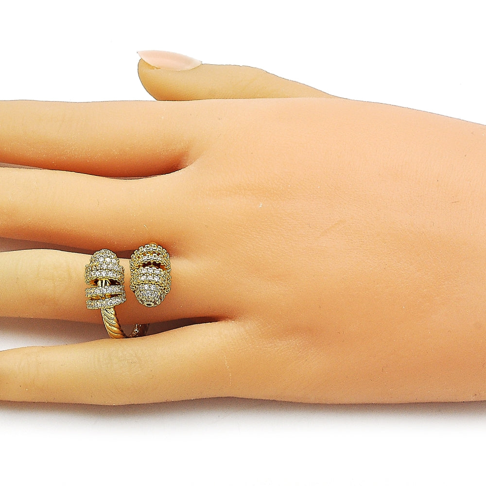 Oro Laminado Multi Stone Ring, Gold Filled Style Twist Design, with White Micro Pave, Polished, Golden Finish