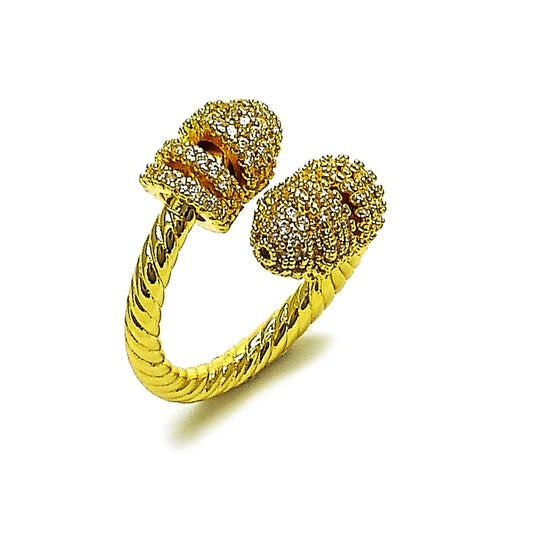 Oro Laminado Multi Stone Ring, Gold Filled Style Twist Design, with White Micro Pave, Polished, Golden Finish