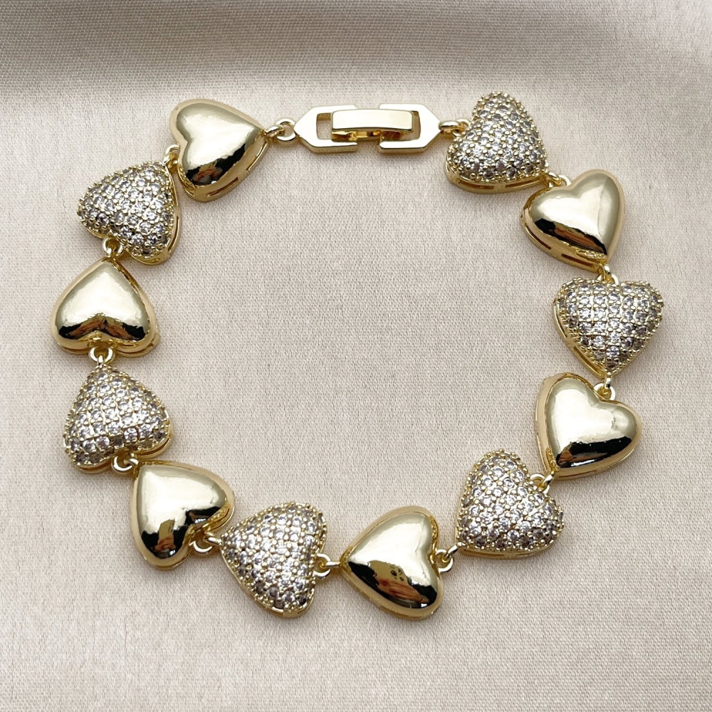 Oro Laminado Tennis Bracelet, Gold Filled Style Heart Design, with White Cubic Zirconia, Polished, Golden Finish