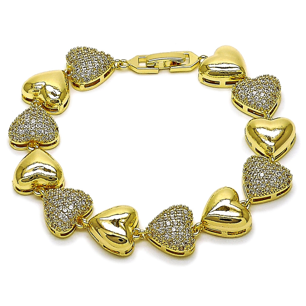 Oro Laminado Tennis Bracelet, Gold Filled Style Heart Design, with White Cubic Zirconia, Polished, Golden Finish