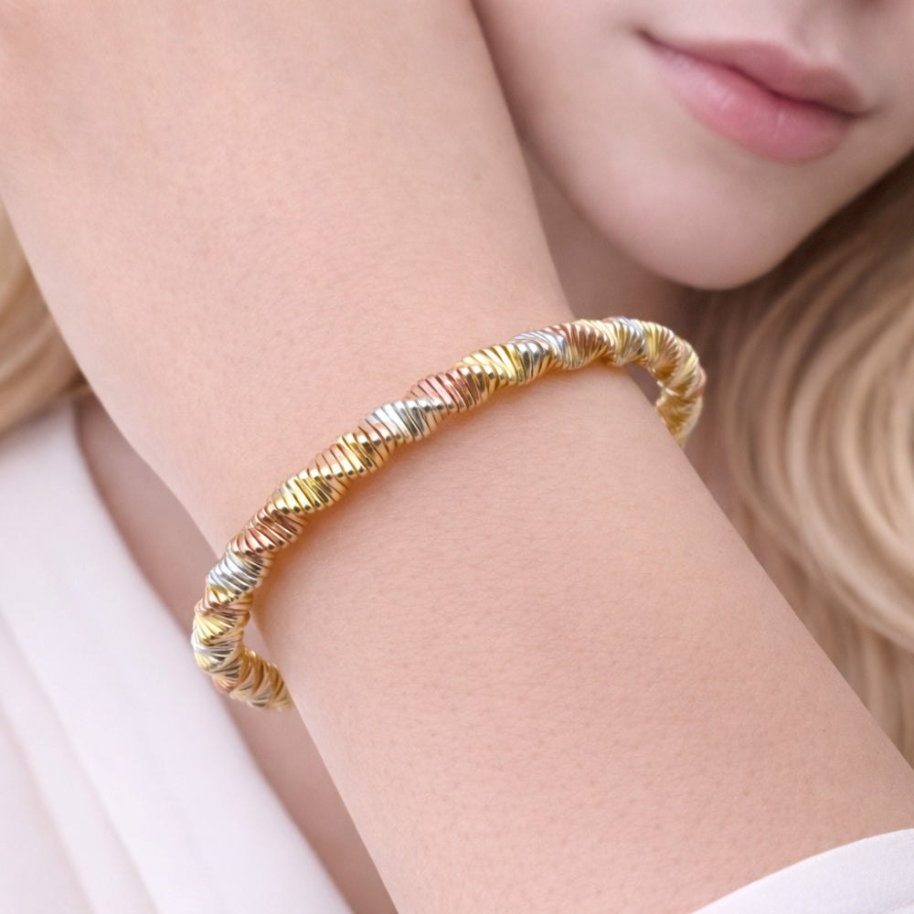 Oro Laminado Individual Bangle, Gold Filled Style Hollow Design, Diamond Cutting Finish, Tricolor