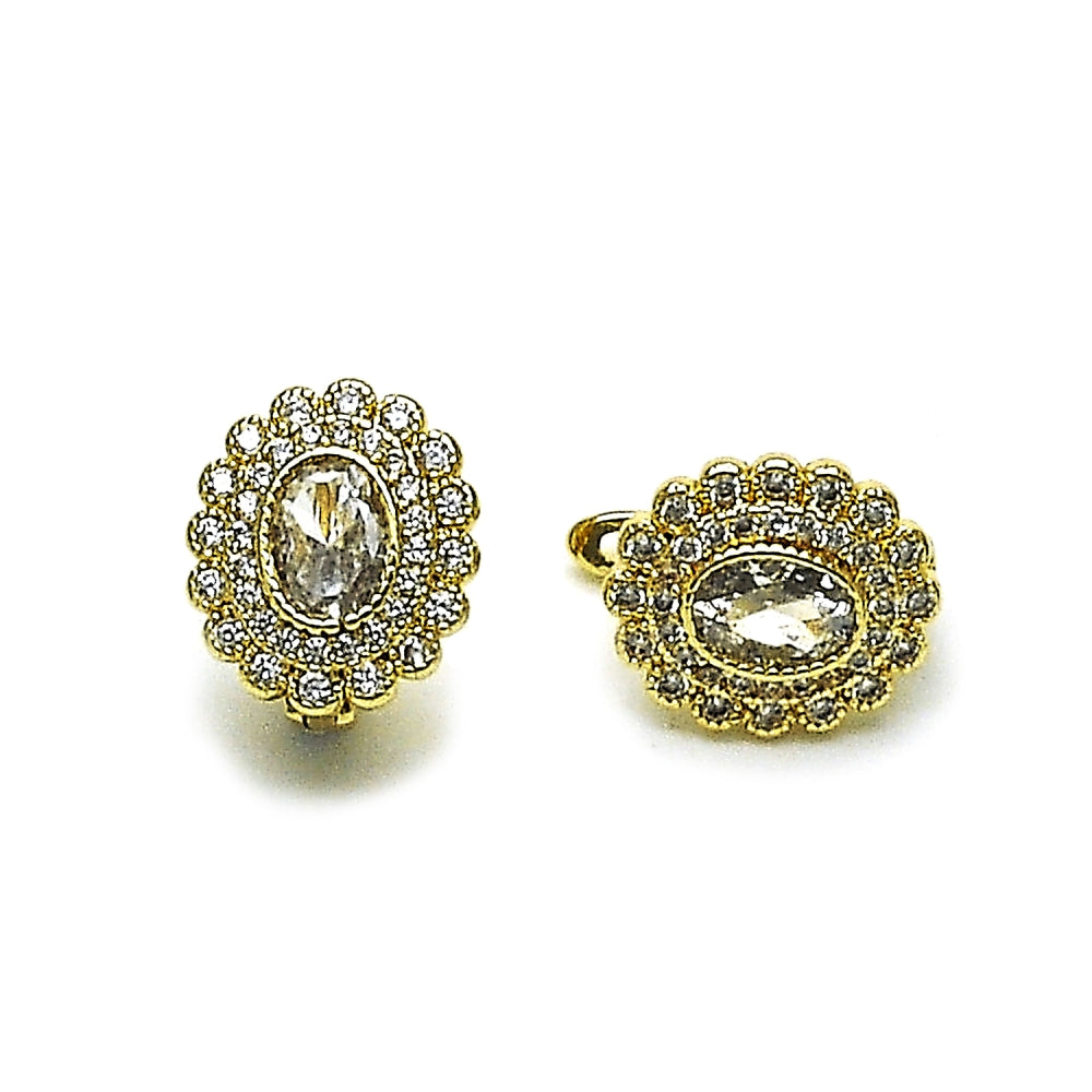 Oro Laminado Leverback Earring, Gold Filled Style Cluster Design, with White Cubic Zirconia, Polished, Golden Finish