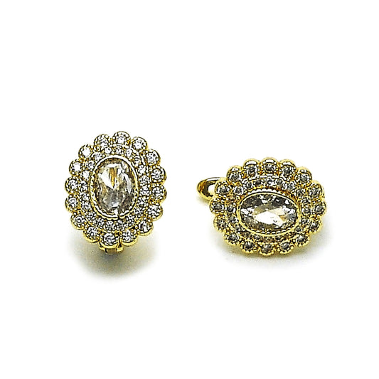 Oro Laminado Leverback Earring, Gold Filled Style Cluster Design, with White Cubic Zirconia, Polished, Golden Finish