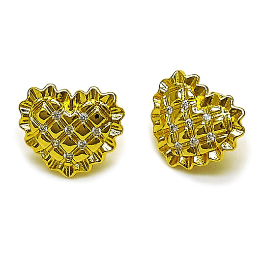 Oro Laminado Stud Earring, Gold Filled Style Heart Design, with White Cubic Zirconia, Diamond Cutting Finish, Golden Finish