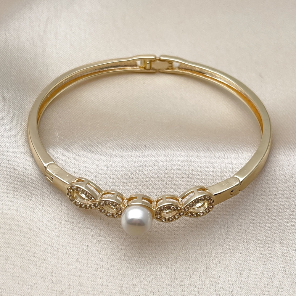 Oro Laminado Individual Bangle, Gold Filled Style Infinite and Ball Design, with White Cubic Zirconia and Ivory Pearl, Polished, Golden Finish