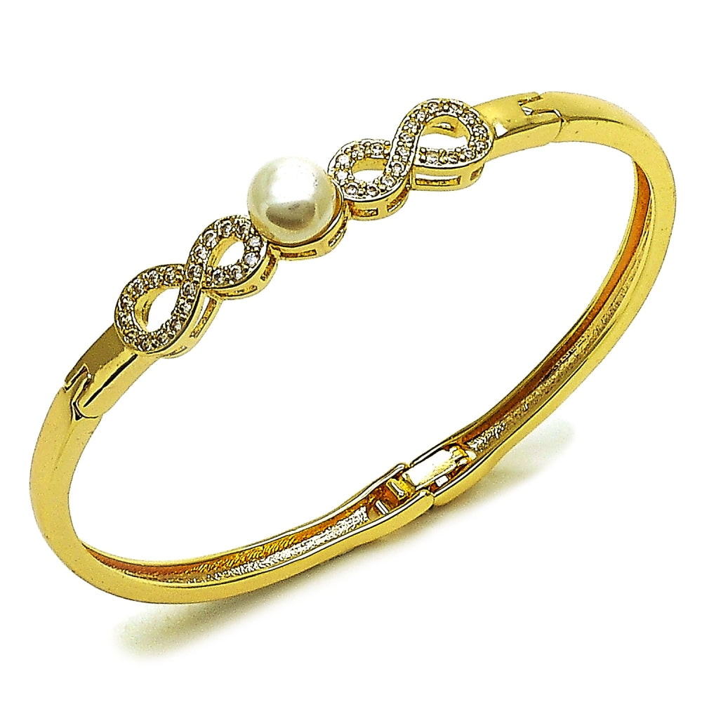 Oro Laminado Individual Bangle, Gold Filled Style Infinite and Ball Design, with White Cubic Zirconia and Ivory Pearl, Polished, Golden Finish