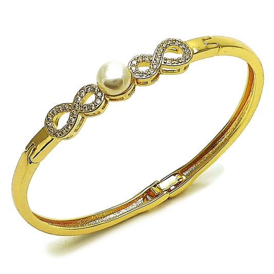 Oro Laminado Individual Bangle, Gold Filled Style Infinite and Ball Design, with White Cubic Zirconia and Ivory Pearl, Polished, Golden Finish