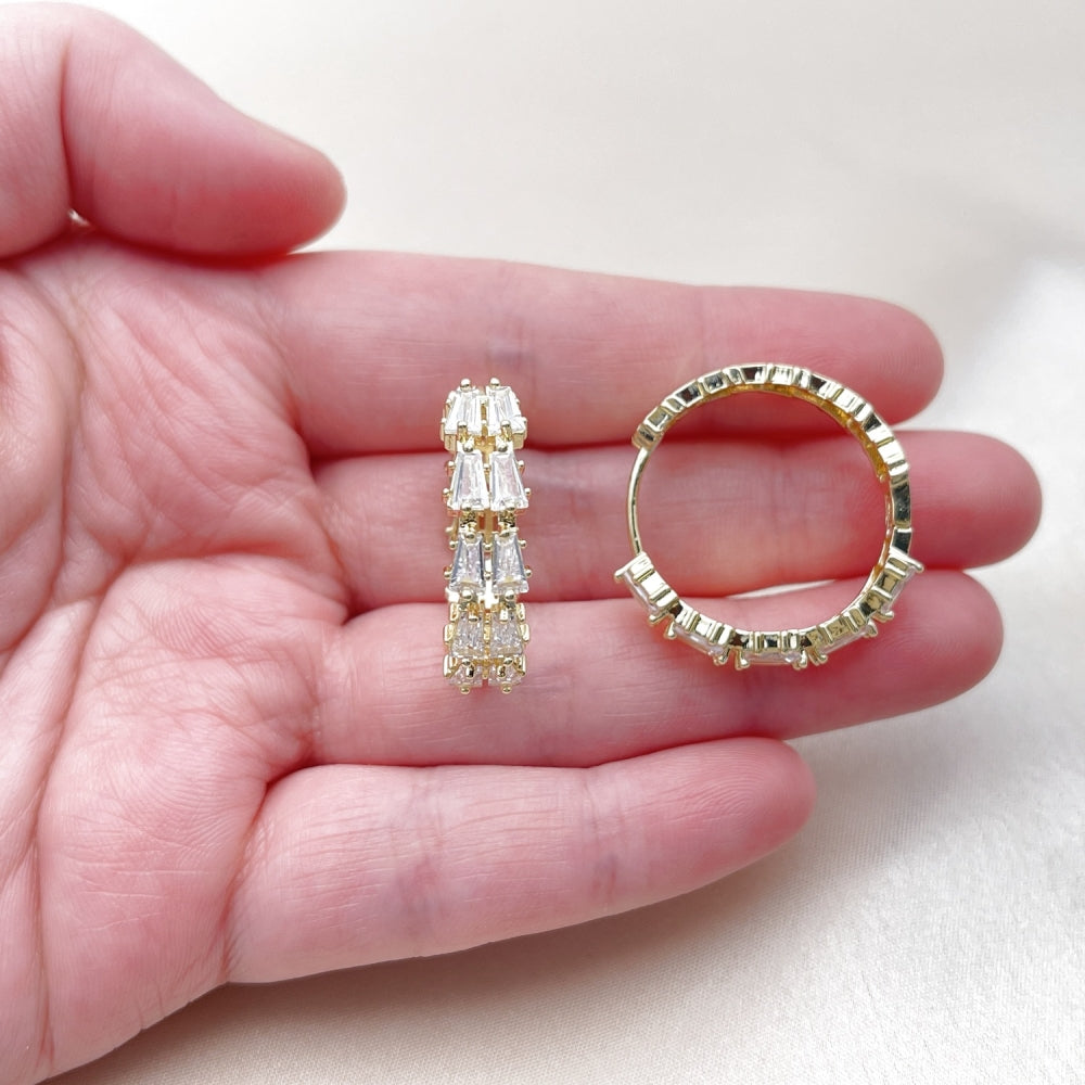 Oro Laminado Huggie Hoop, Gold Filled Style Baguette Design, with White Cubic Zirconia, Polished, Golden Finish