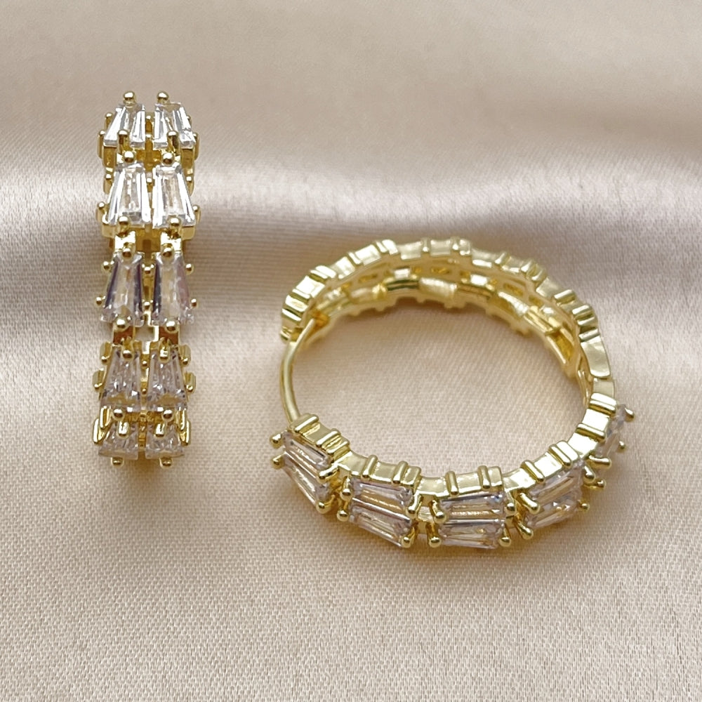 Oro Laminado Huggie Hoop, Gold Filled Style Baguette Design, with White Cubic Zirconia, Polished, Golden Finish