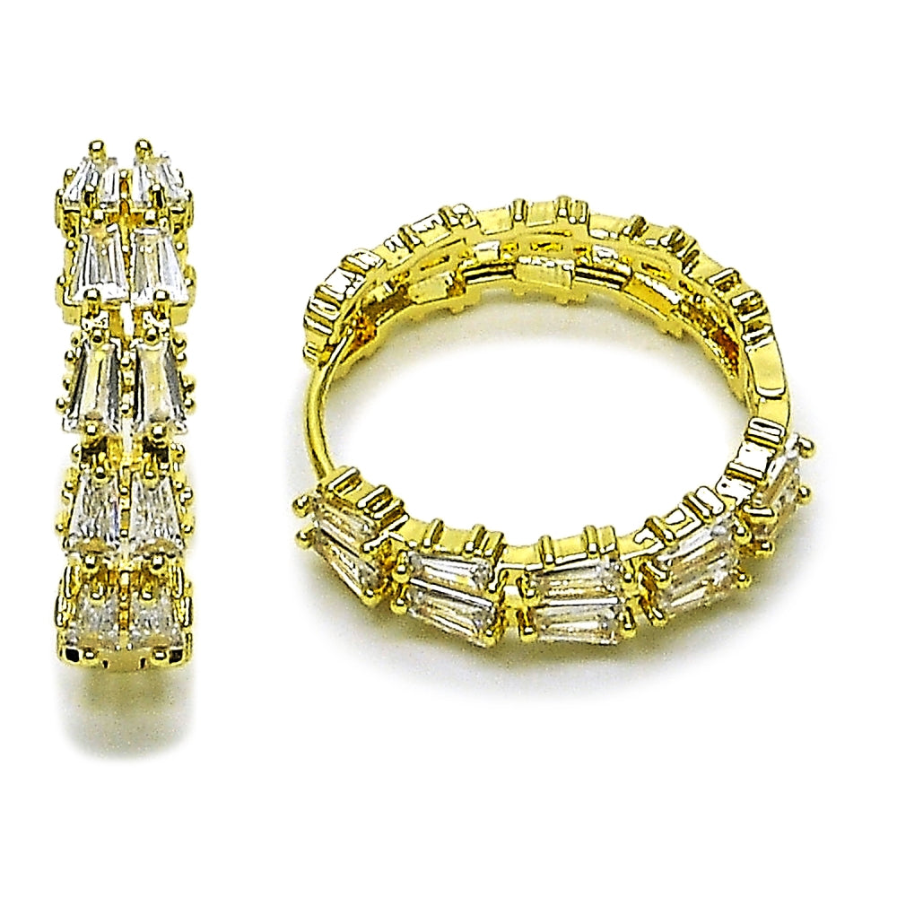 Oro Laminado Huggie Hoop, Gold Filled Style Baguette Design, with White Cubic Zirconia, Polished, Golden Finish