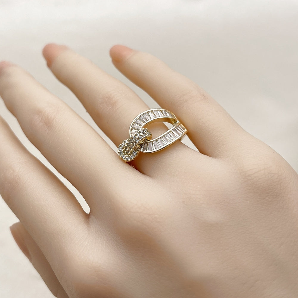 Oro Laminado Multi Stone Ring, Gold Filled Style Belt Buckle and Baguette Design, with White Cubic Zirconia and White Micro Pave, Polished, Golden Finish