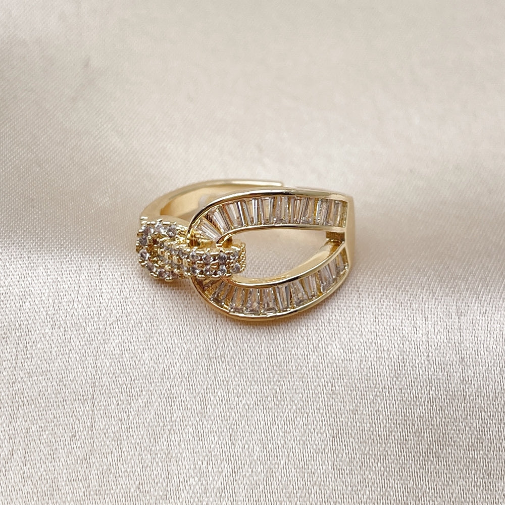Oro Laminado Multi Stone Ring, Gold Filled Style Belt Buckle and Baguette Design, with White Cubic Zirconia and White Micro Pave, Polished, Golden Finish