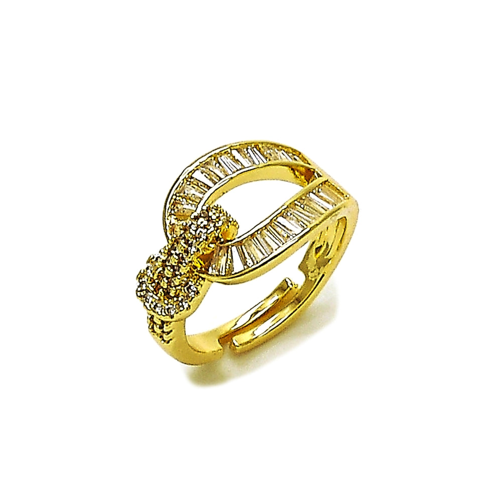 Oro Laminado Multi Stone Ring, Gold Filled Style Belt Buckle and Baguette Design, with White Cubic Zirconia and White Micro Pave, Polished, Golden Finish